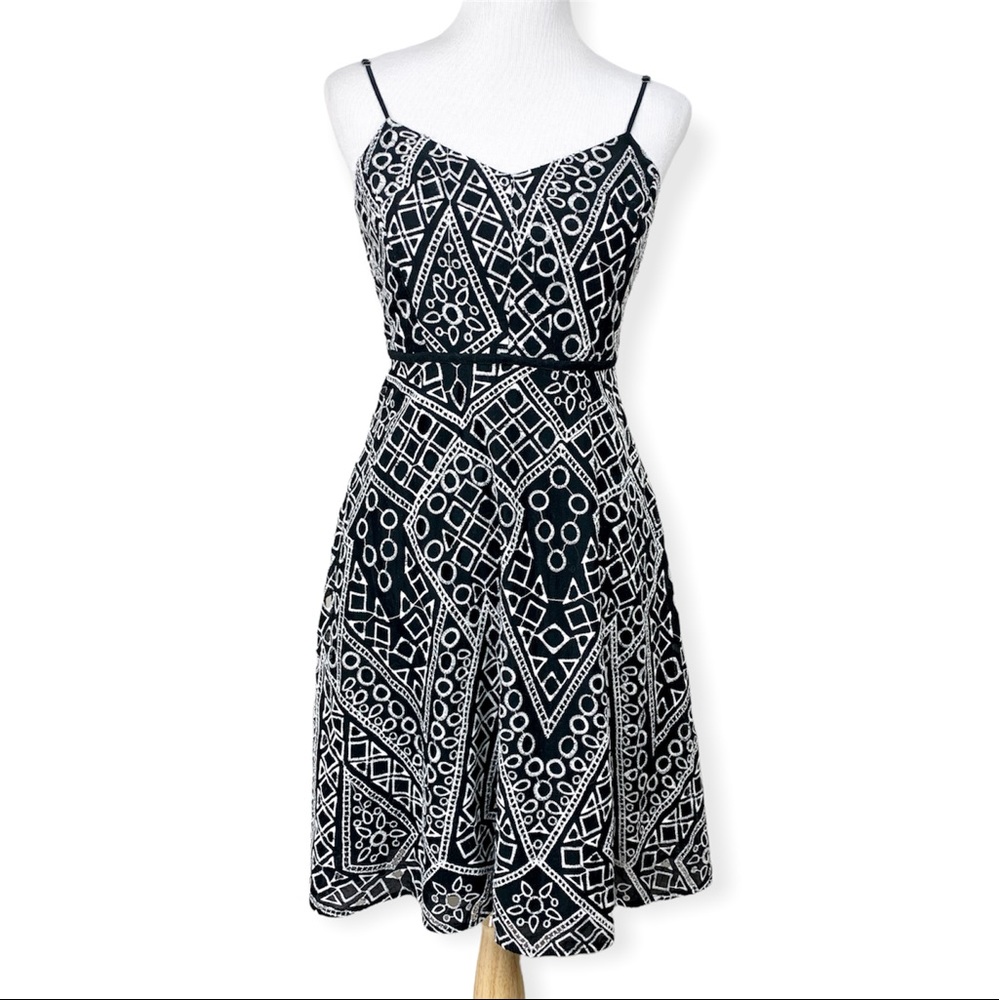 Banana Republic Black White Geo Eyelet Lace Pocket Midi Dress